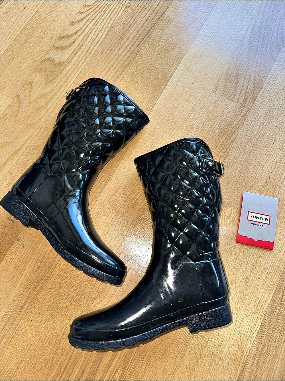 Hunter Refined Quilted Gloss Tall Rain Boots Black US 9